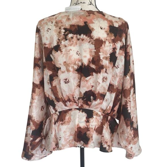 NY & Co. BLOUSE BATWING SLEEVES BROWN CREAM SZ XXL V NECK RUFFLE AESTHETIC CORE - Picture 12 of 16